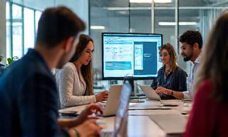 Diverse group of professionals collaborating seamlessly using various digital tools.
